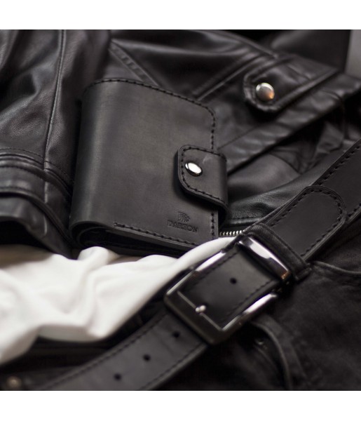 Мужское черное кожаное портмоне и ремень в наборе SMART
